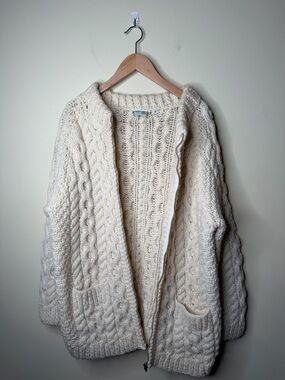 VTG Andion Hand Knit Ivory Irish Wool Heavy Zip Chunky Knit Sweater Fisherman L